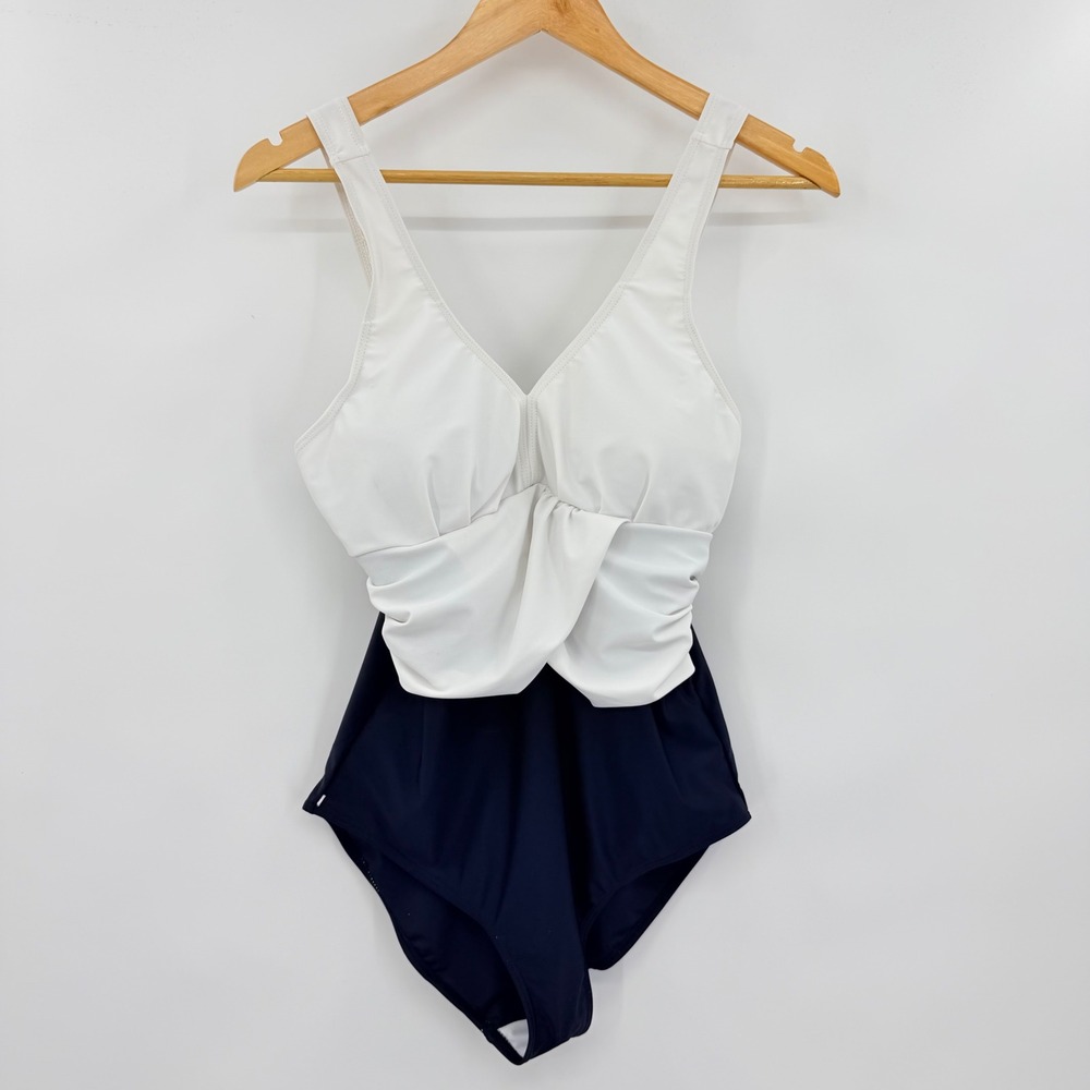 Womens Colorblock One Piece Swimsuit White Black V-Neck Tummy Control Ruched XL